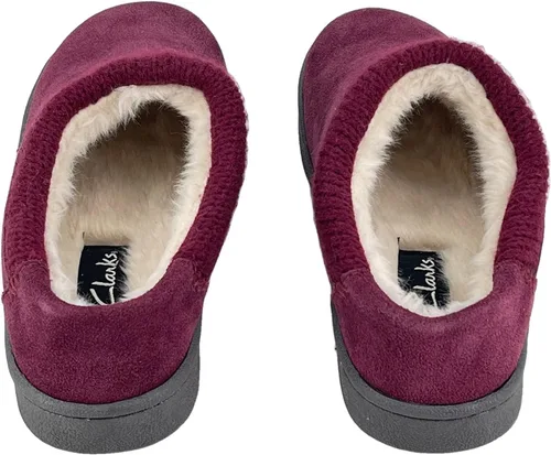 Vista 5 de Clarks Pantuflas de gamuza para mujer JMH2175 con cuello de punto, forro de piel sintética de felpa suave, pantuflas de casa para interiores