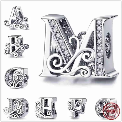 Vista 7 de BEEUVIP Dijes de plata de ley 925 para pulseras Pandora, cuentas iniciales del alfabeto, regalo de joyería para mujeres