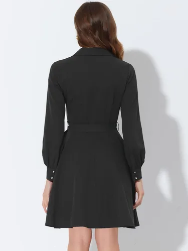 Vista 4 de Allegra K Elegante vestido de trabajo para mujer cuello de solapa con muescas lazo en la cintura manga larga vestido de oficina