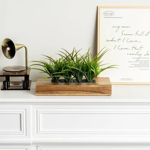 Vista 4 de MyGift - Grandes plantas artificiales de césped verde en maceta de 14 pulgadas en caja de madera maciza de acacia premium rectangular, centro