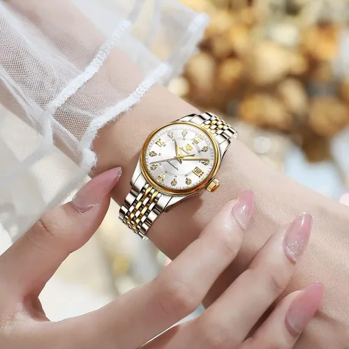 Vista 3 de OLEVS Relojes automáticos para mujer, mecánicos, cuerda automática, vestido de lujo, esfera de diamante, correa de acero inoxidable, impermeable