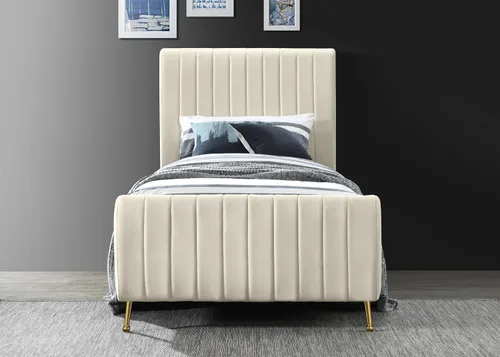 Vista 5 de Meridian Furniture Colección moderna Zara Cama tapizada de terciopelo contemporáneo con acolchonamiento de canal profundo y patas doradas a Crema