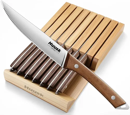 Vista 9 de Juego de cuchillos para carne Huusk de 6 con organizador de cajones - Juego de 4.5 pulgadas de cuchillos para carne japoneses serrados con bloque