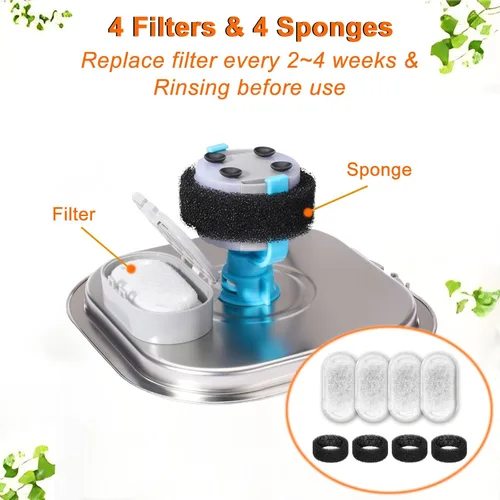 Vista 5 de Filtros de fuente de agua para gatos, 4 filtros+4 filtros de repuesto de esponja para 108/3.2L y 67oz/2LDispensador de agua de acero inoxidable