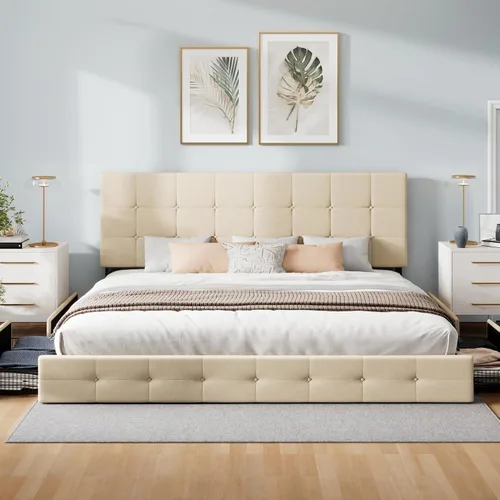 Vista 64 de WEEWAY Base de cama de plataforma tamaño King con 4 cajones de almacenamiento, cabecera capitonada con botones de costura de diamante, base de Negro