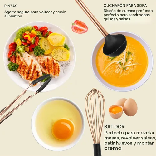 Vista 2 de MIBOTE Juego de utensilios de cocina de silicona, mango de madera, café