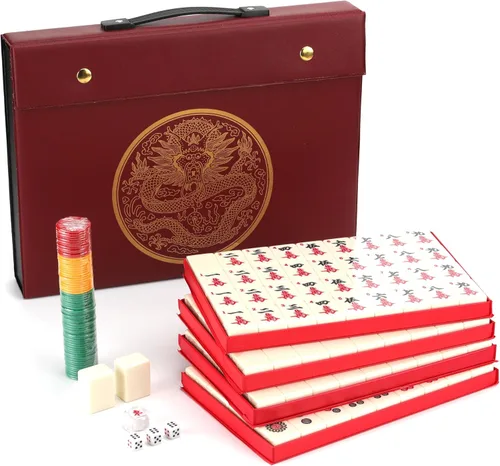 Vista 9 de Mose Cafolo Set de Juego de Mahjong Chino 1.5" X-Grande 144 Fichas de Melamina Blanca Azul Numeradas con Estuche de Viaje Portátil, Completo Majong