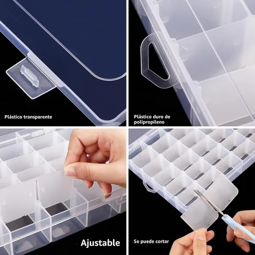 Vista 3 de Caja Organizadora de Plástico Transparente de 36 Cuadrículas con Divisores de Compartimentos Ajustables, Caja de Colección de Rocas para Cuentas