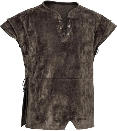 Vista 2 de Chaleco pirata para hombre, disfraz vikingo, caballero medieval, armadura de cuero, con cordones, camisa renacentista, chaleco de Halloween