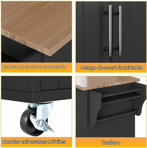 Vista 5 de Carrito de isla de cocina con almacenamiento, madera, negro