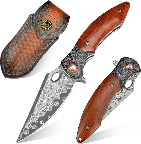 Vista 10 de Zingbee Cuchillo de bolsillo de Damasco de 3.46 pulgadas con clip, mango antideslizante azul DMXQ 1-azul
