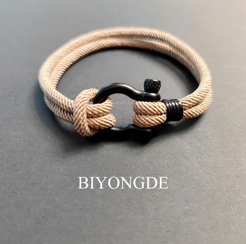 Vista 4 de Pulsera náutica de marinero con cierre de cuerda, brazalete de acero con tornillo de acero y grilletes de anclaje marino, dos filas
