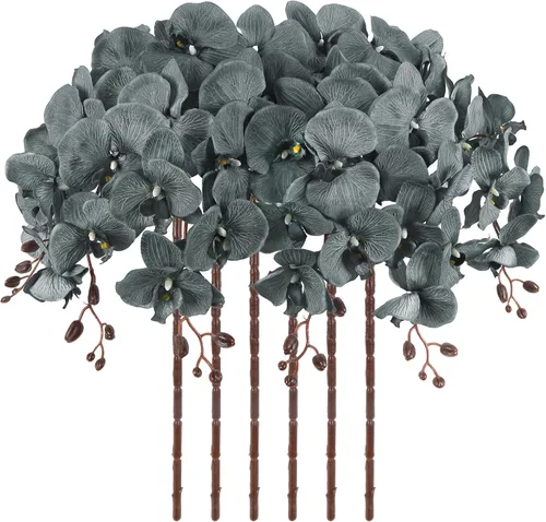 Vista 18 de Orquídeas artificiales de 38 pulgadas, 6 unidades, orquídeas falsas rosas, orquídeas de seda de terciopelo, flores artificiales de tallo largo