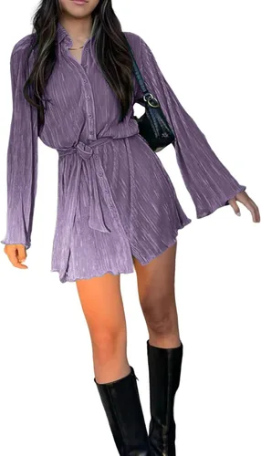 Vista 6 de LYANER Vestido camisero plisado de manga larga con cuello en V y botones para mujer con cinturón