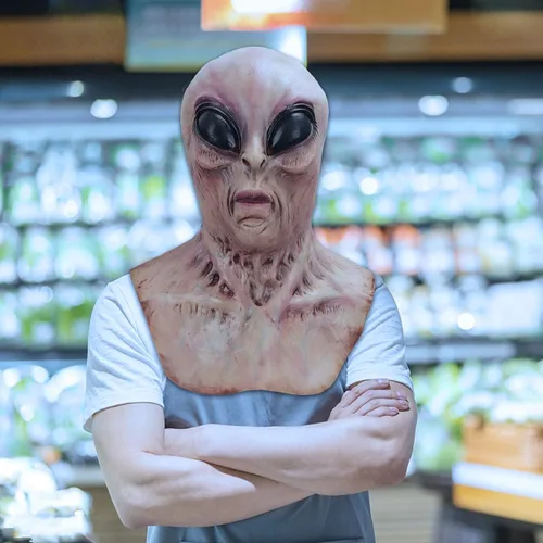 Vista 5 de Halford Máscara de alienígena OVNI, máscara de látex realista de Halloween para adultos, para viajes espaciales, máscara de cabeza de ojos morados
