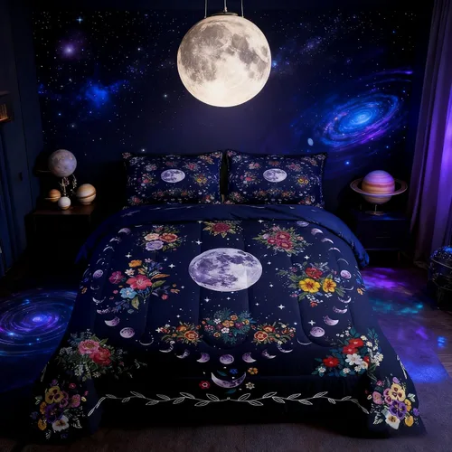 Vista 14 de Juego de edredón de champiñones para niños, tamaño individual, juego de ropa de cama romántica con sol, luna, cielo estrellado y galaxia, decoración