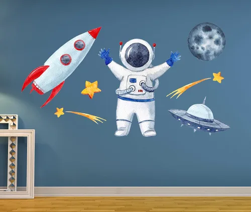 Vista 2 de Calcomanía de pared de cohete de astronauta, calcomanías de pared espaciales, decoración de pared de habitación infantil con temática de cohete