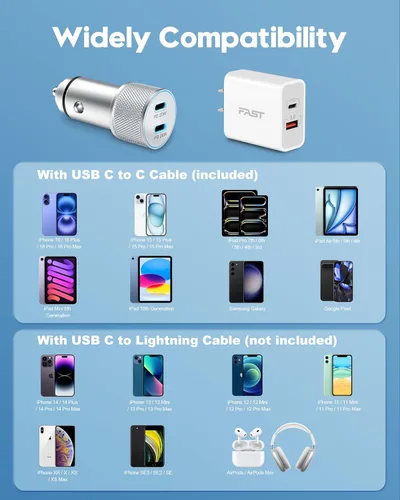 Vista 4 de Cargador de coche para iPhone 17/17 Pro Max/17e de carga rápida, cargador de coche USB C de 40 W + bloque de cargador USB C de 20 W + cable de 2 x 6