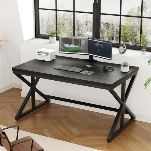 Vista 5 de IBF - Escritorio de oficina negro, moderno escritorio de metal de madera para computadora en oficina, 47 pulgadas