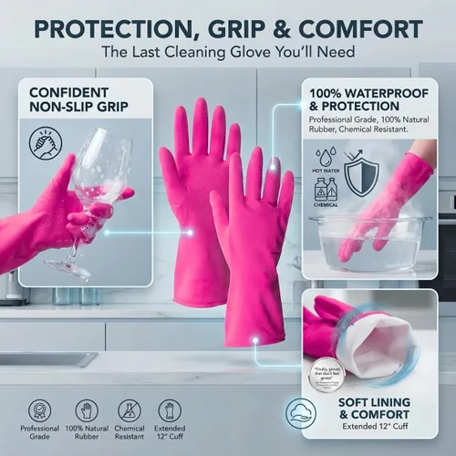 Vista 4 de ForPro - Guantes de goma natural, 6 pares de guantes reutilizables multiusos para limpieza del hogar con forro interior suave, impermeables