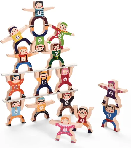 Vista 9 de moopok Juguetes Apilables de Madera, 16 Piezas Circo Hércules Troupe Acrobática Juguete de Encaje, Juego de Bloques de Construcción de Equilibrio