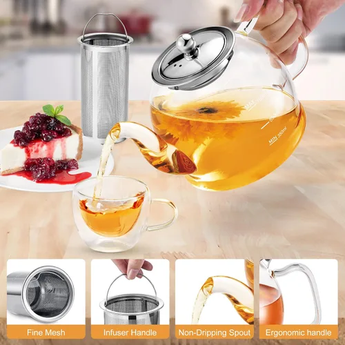 Vista 5 de Tetera de vidrio, tetera de 33 onzas / 33.8 fl oz con infusor extraíble, tetera transparente para té de hojas sueltas y té floreciente, hervidor