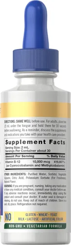 Vista 2 de Gotas líquidas sublinguales de vitamina B12 Carlyle 10,000 mcg 2 fl oz Vegetarianas, sin transgénicos, sin gluten