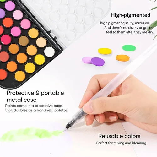Vista 5 de GETHPEN Pintura de acuarela, juego de pintura de acuarela, juego de pintura de acuarela lavable de 48 colores con pincel, bolígrafo de agua