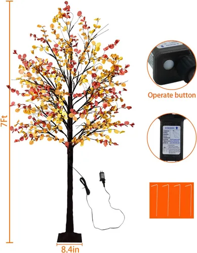 Vista 3 de Árbol de eucalipto de otoño iluminado, árbol de otoño sintético de 7 pies con 128 luces LED, árbol de eucalipto artificial iluminado para otoño