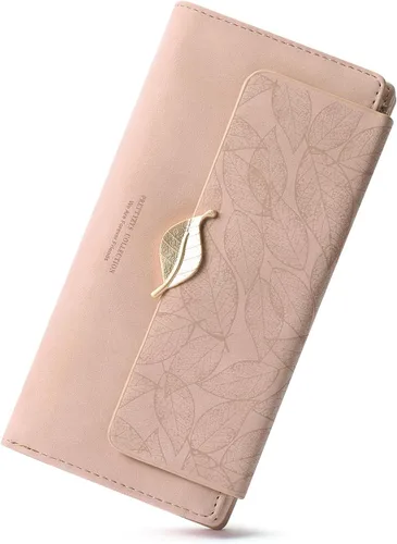 Vista 8 de Cartera de cuero para mujer, con bloqueo RFID, gran capacidad, triple tarjetero, carteras, monedero largo con ventana de identificación, C02 Rosa
