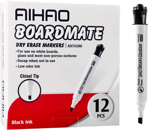 Vista 2 de AIHAO Marcadores negros de borrado en seco, marcador de punta de cincel, bajo olor, paquete de 12, suministro de tinta grande, uso en pizarras