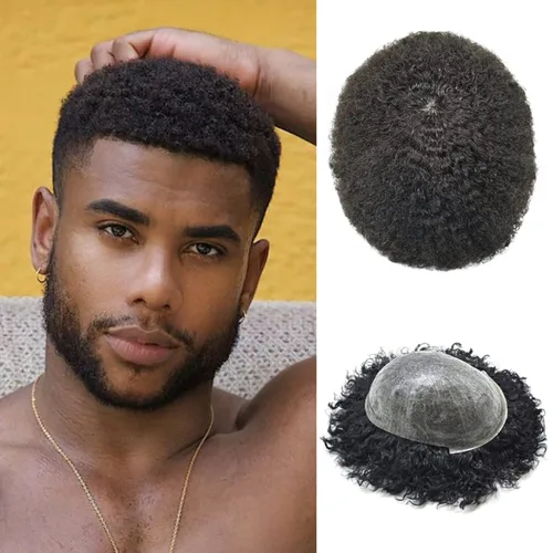 Vista 6 de Unidades de cabello para hombres negros, piel fina de poliéster completo afro tupé para hombres negros, sistemas de cabello brasileño rizado, pieza