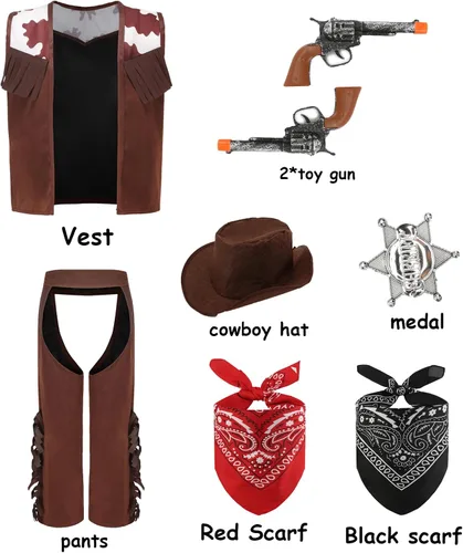 Vista 2 de DIYLN Disfraz de vaquero para niños, disfraces de Halloween de policía occidental del mundo con bandana, accesorios de insignia, accesorios