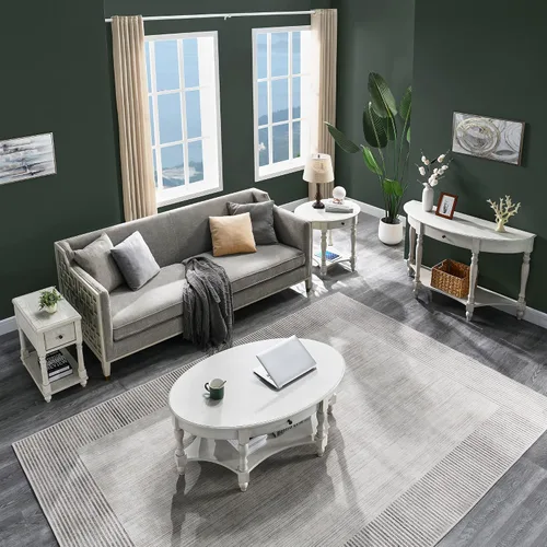Vista 4 de Mesa de centro con cajón, mesa central ovalada de madera maciza con estante de almacenamiento, mesa de sala de estar tradicional con elegante