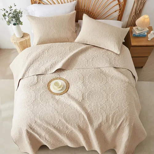 Vista 8 de WURUIBO Juego de edredón beige tamaño individual, colcha de microfibra en relieve con funda de almohada, colcha ligera transpirable fina, juego