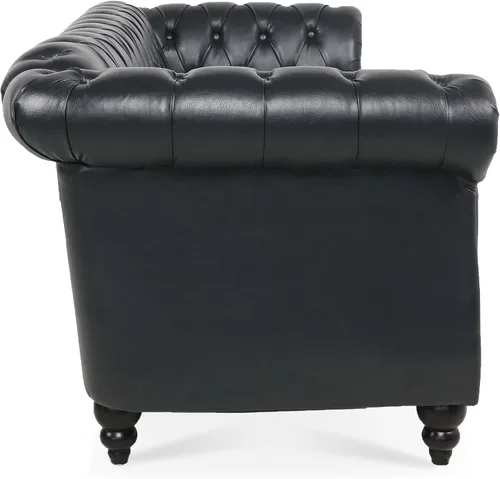 Vista 7 de Muebles de sofá Chesterfield de tela de 85 pulgadas, sofá tapizado con respaldo copetudo, brazo enrollable, sofá Chesterfield clásico para sala