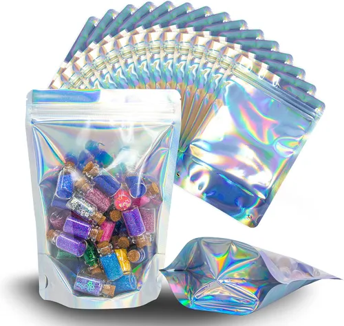 Vista 2 de 100 bolsas de Mylar iridiscentes resellables - Bolsas sellables con cierre hermético de 5 x 7 pulgadas, bolsas de pie sellables con cierre térmico