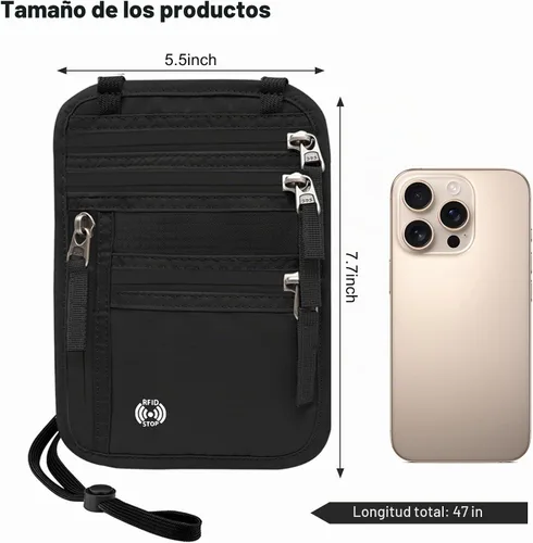 Vista 9 de Sizobi Cartera de cuello para mujeres y hombres, con bloqueo RFID para Negro