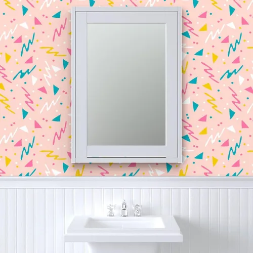 Vista 9 de Papel tapiz para despegar y pegar, diseño retro de los años 80, diseño abstracto de los años 1980, confeti de surf rosa para niños, papel tapiz