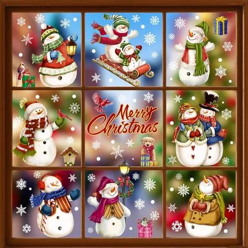 Vista 3 de 194 piezas de calcomanías de ventana de Navidad, copos de nieve y muñeco de nieve para ventanas de vidrio, decoraciones de Navidad para interiores