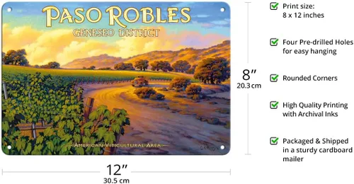 Vista 2 de Paso Robles - Geneseo District - Central Coast AVA Vineyards - Arte de California Wine Country por Kerne Erickson - Cartel de metal vintage de 8 x