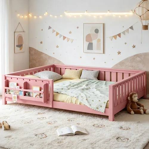 Vista 13 de Marco de cama Montessori Twin con estantería y barandillas, color beige
