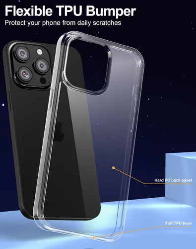 Vista 2 de Funda transparente de ajuste delgado para iPhone 15 Pro de 6.1 pulgadas con 2 protectores de pantalla de vidrio templado + 1 protector de lente
