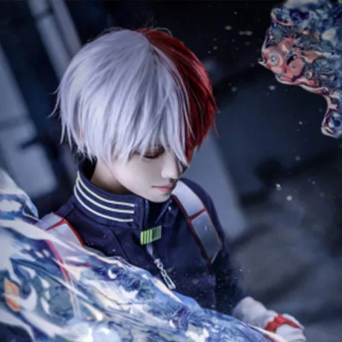 Vista 7 de OSIAS Peluca de cosplay de anime, peluca de Halloween, con gorra de peluca gratis (Todoroki Shouto)