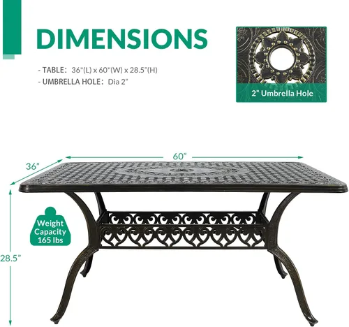 Vista 3 de VIVIJASON Mesa rectangular de comedor para patio al aire libre, mesa de patio grande rústica de aluminio fundido de bronce con agujero para paraguas