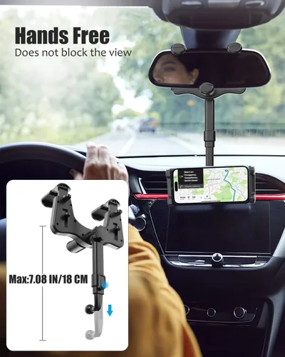 Vista 2 de Soporte para tablet para espejo retrovisor de automóvil, soporte retráctil para teléfono para espejo retrovisor, soporte para GPS giratorio de 360°