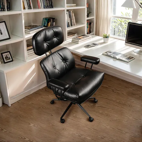 Vista 8 de Silla de oficina Mid Century Modren, silla ejecutiva giratoria con soporte lumbar, silla de escritorio ergonómica de respaldo medio con ruedas Beige
