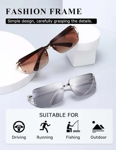 Vista 3 de kimorn Lentes de sol rectangulares para mujeres y hombres, elegantes sin montura y sin marco, modernos lentes de sol retro de los años 90, marco