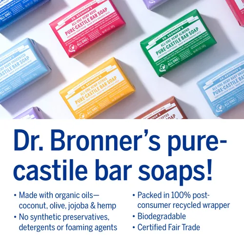 Vista 4 de Jabones mágicos Dr. Bronner’s, jabón de Castilla puro, Menta de cáñamo, todo en uno, barras de 5 onzas (paquete de 6), Peppermint