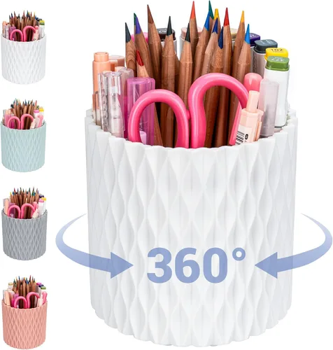 Vista 9 de Soporte para Lápices - Rotación de 360°, 5 Ranuras Suministros de Escritorio para Mujeres Estética de Oficina. Soporte para Bolígrafos para Oficina